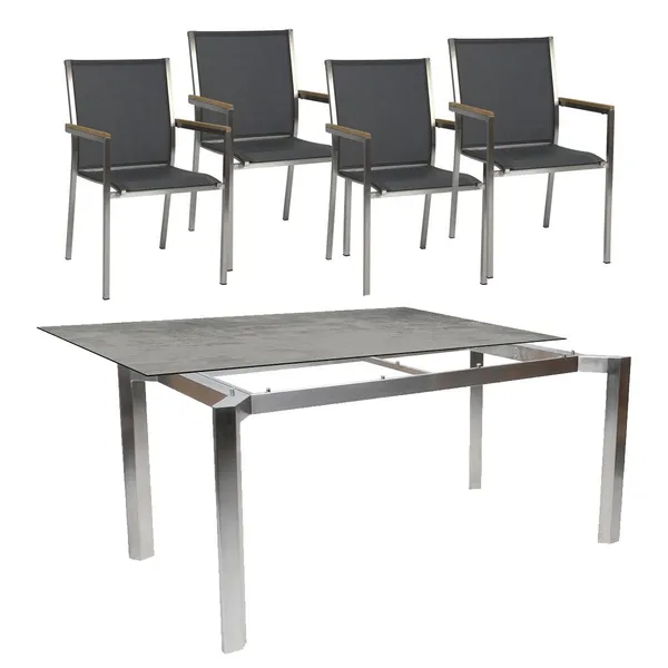 4x Stern Stapelsessel Polaris Mit Bezug Textilen Silbergrau Teakarmlehnen set mit Penta Edelstahl Tischgestell 160x90 Tischplatte Dekor Zement