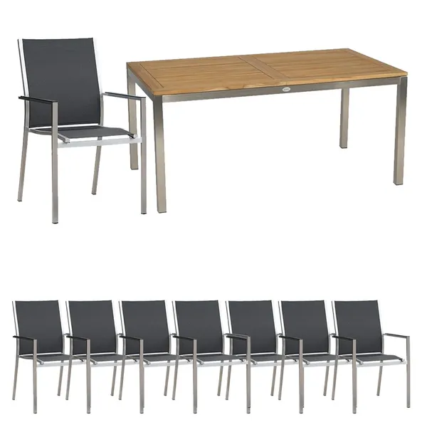 Stern Ausziehtisch 162/220x90 cm Edelstahl/Teak mit 8 Edelstahlst&uuml;hle silbergrau