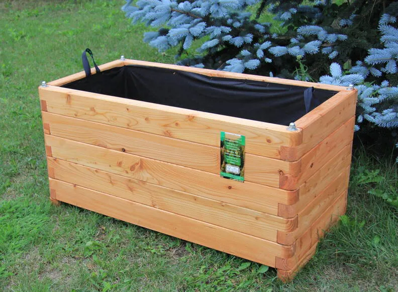 Hochbeet 100x50x50cm aus L&auml;rche geschraubt mit Vlies, gerundeten Ecken und Griffen