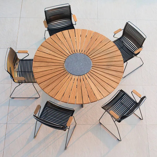 Houe Gartensitzgarnituren Set 5x Sessel Click Black mit Gartentisch Circle aus Bambus &Oslash;150
