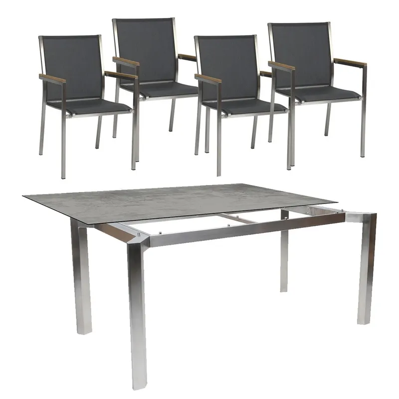 4x Stern Stapelsessel Polaris Mit Bezug Textilen Silbergrau Teakarmlehnen set mit Penta Edelstahl Tischgestell 160x90 Tischplatte Dekor Zement