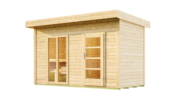 Weka Saunahaus Farsund mit Vorraum - 38 mm BlockbohlenInkl. bodentiefem Fenster in der Front Ohne Ofeninkl. gratis Sauna-Set im Wert von 70,99 €