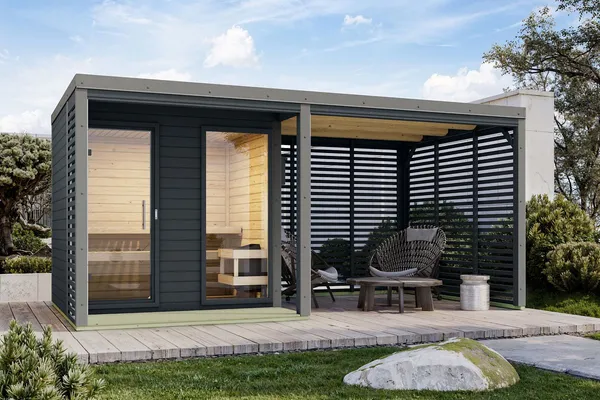 Karibu Saunahaus Ares 2 - Hybridhaus mit Metallrahmen 270 cm Anbaudach- 38 mm naturbelassen Blech-Ausführung: graualuminium 9 kW Bio-Kombiofen inkl. Huum Wlan Steuergerät mit App-Funktion