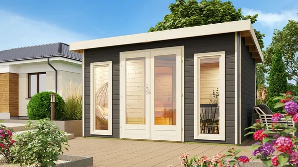 Karibu Saunahaus Mainburg 2 mit Vorraum - 38 mmterragrau Set A (Sauna B 2 x T 1,7 m mit 2 Liegen 57 cm) 9 kW Bio-Kombiofen inkl. Huum Wlan Steuergerät mit App-Funktion