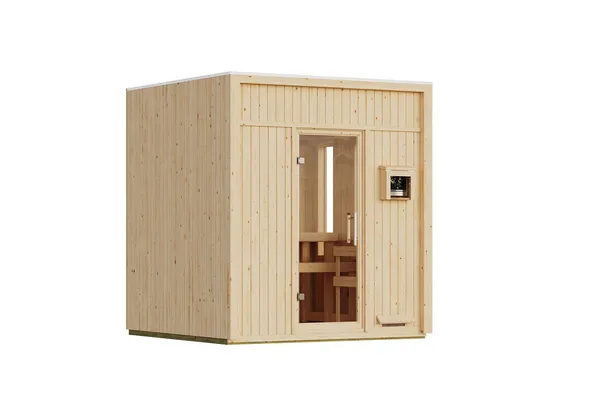 Karibu Design Saunahaus Avenal Blackline - 73 mm naturbelassen Ohne Terrasse 9 kW Ofen inkl. Steuergerät (finnisch)