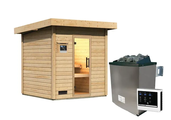 Karibu Gartensauna Saunahaus Caapi 3 Isolierte Saunatür 9 kW Ofen inkl. Steuergerät