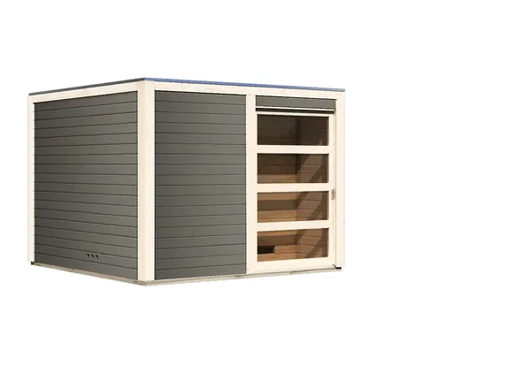 Karibu Gartensauna Saunahaus Cuben inkl. Vorraum, terragrau- inkl. gratis Saunaofen im Wert von 899,99€